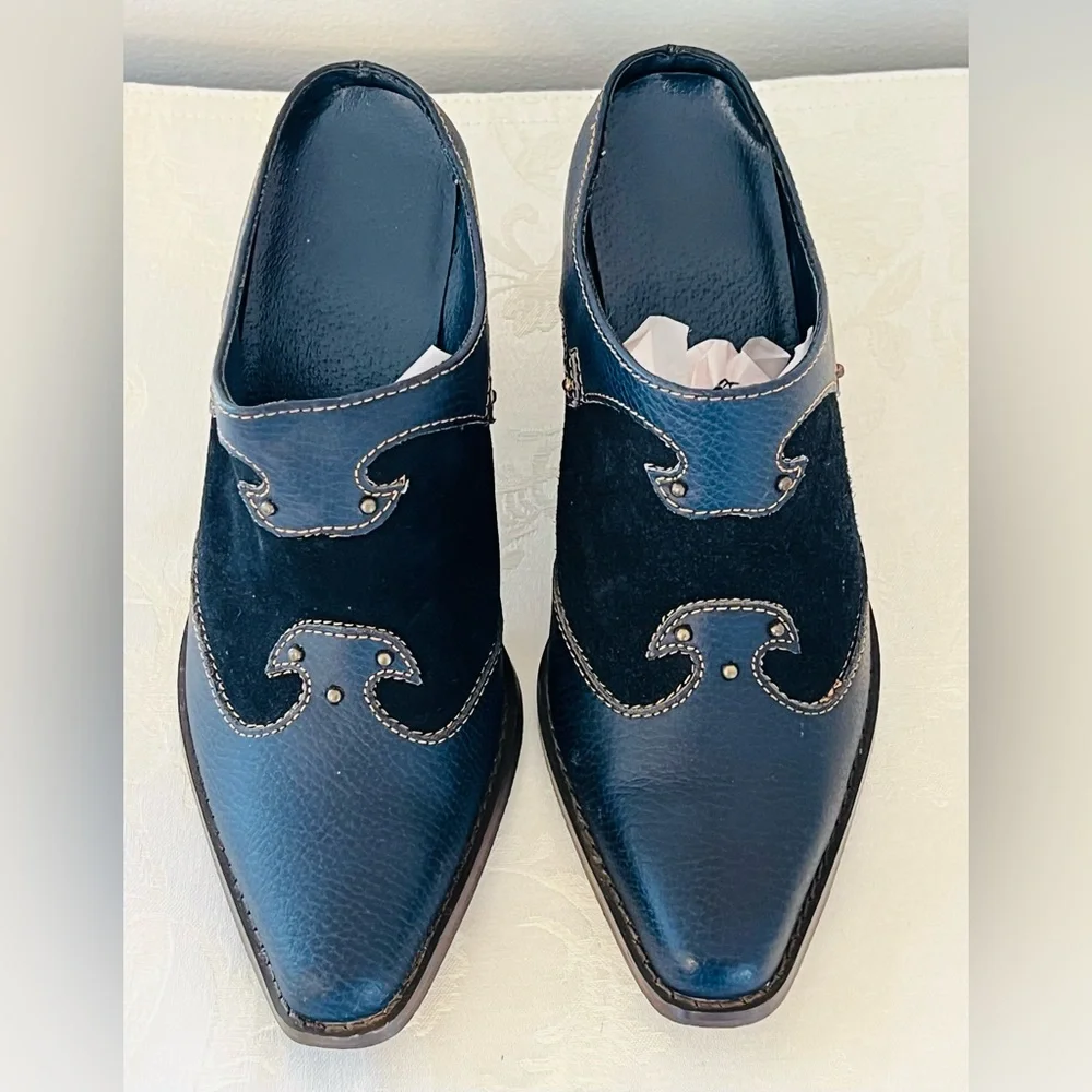 Women’s Retro Style Blue Suede And Leather Western Mules With 3” Heel Size 7 - Picture 4 of 11